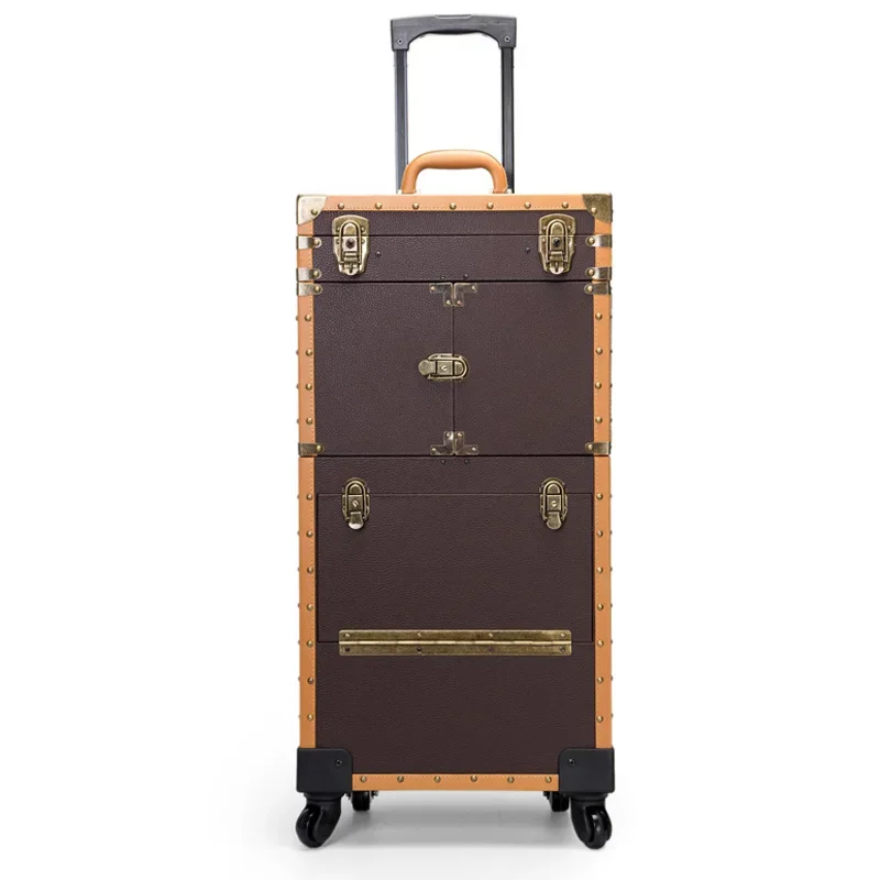 Hairdressing trolley luggage cosmetic toolbox trolley case retro hair stylist dedicated large capacity scissors bag rolling box