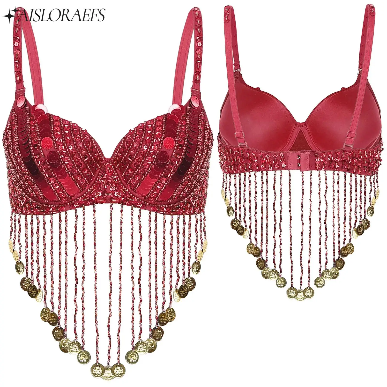 

Women New Color Tops India Belly Dance Performance Costume Adjustable Straps Shiny Sequins Plastic Beaded Tassels Underwired Bra