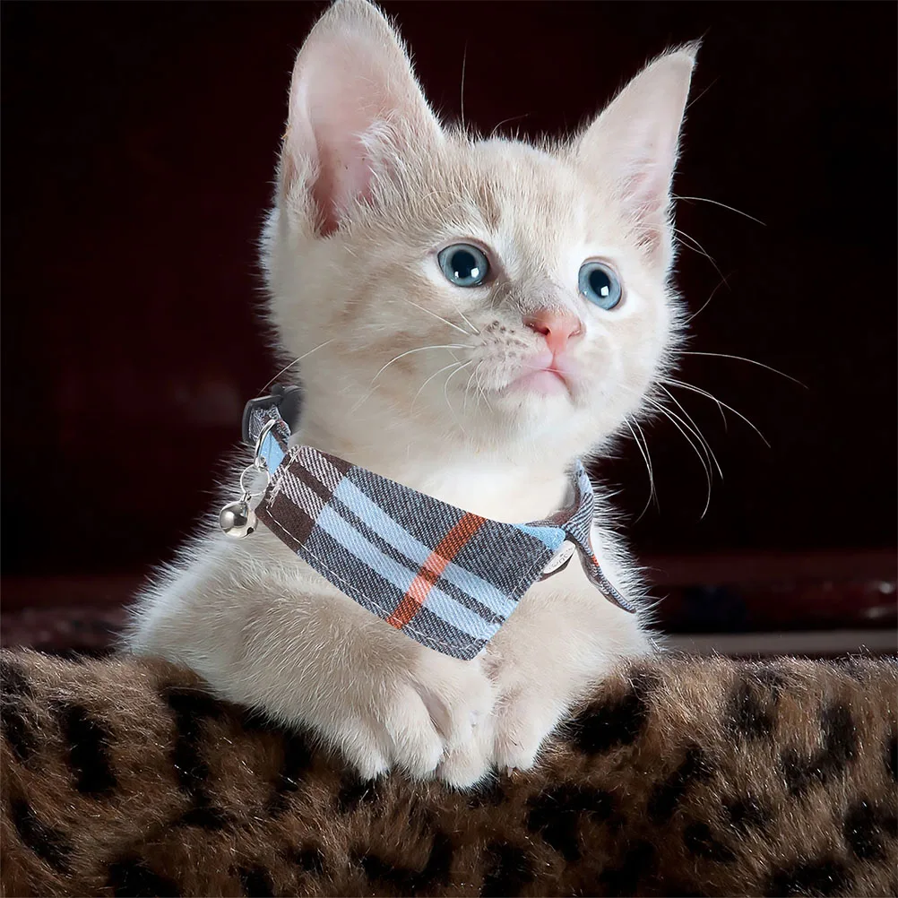 

Cat Collar Durable Adjustable Bell Plaid Kitten Puppy Breathable Cloth Safe Buckle Lake Blue Grid Fits Cats Small Dogs Pet