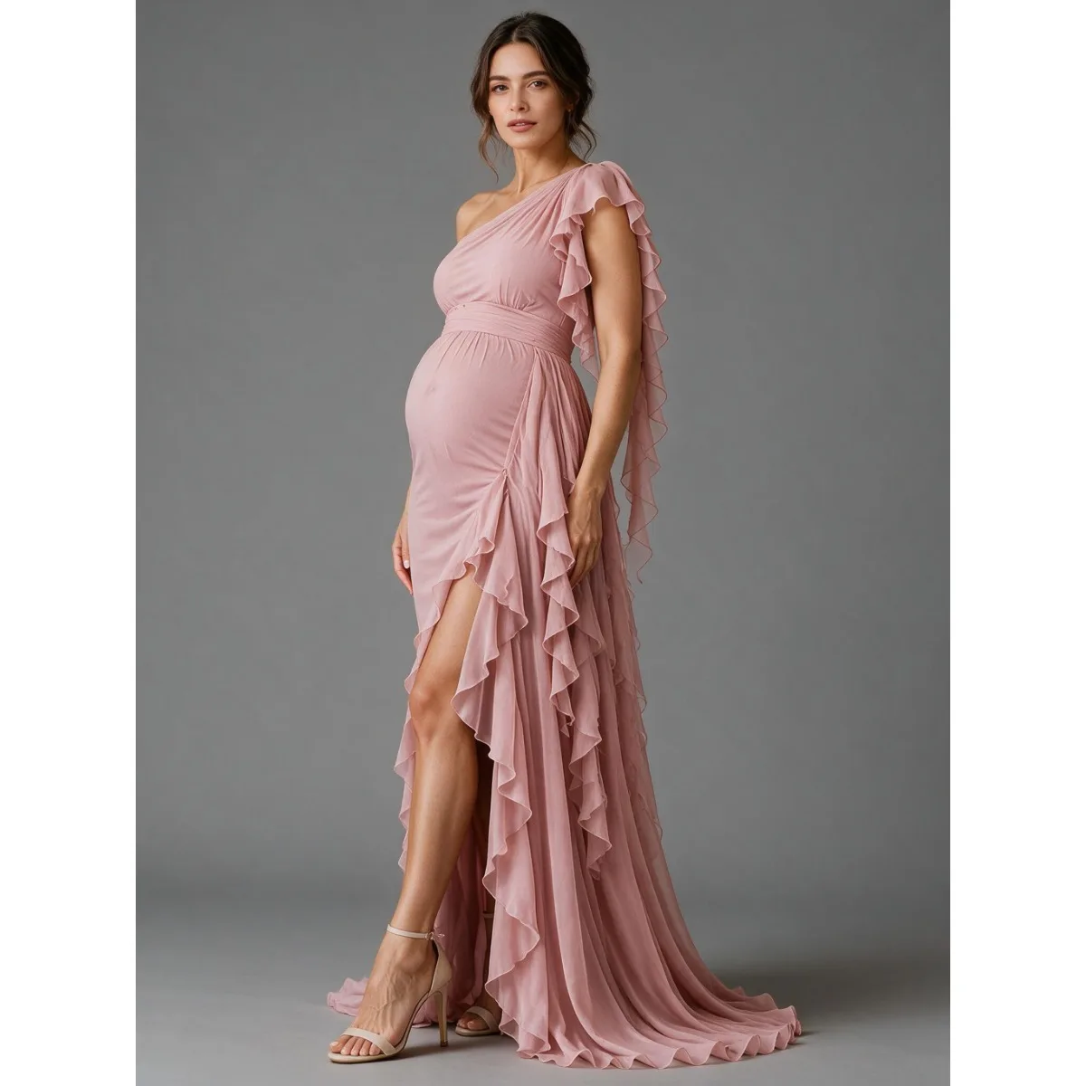 Pink One-Shoulder Ruffle Maternity Dress for Baby Shower Gown for Pregnant Women