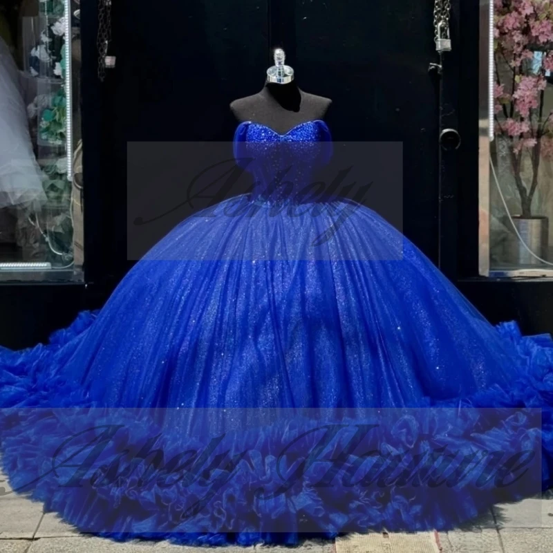 A16991 Sukienki Quinceañera dla 15-latki w kolorze prawdziwego królewskiego błękitu, zdobione koralikami, z falbankami, bufiaste, na bal, urodziny, specjalne okazje, szyte na miarę