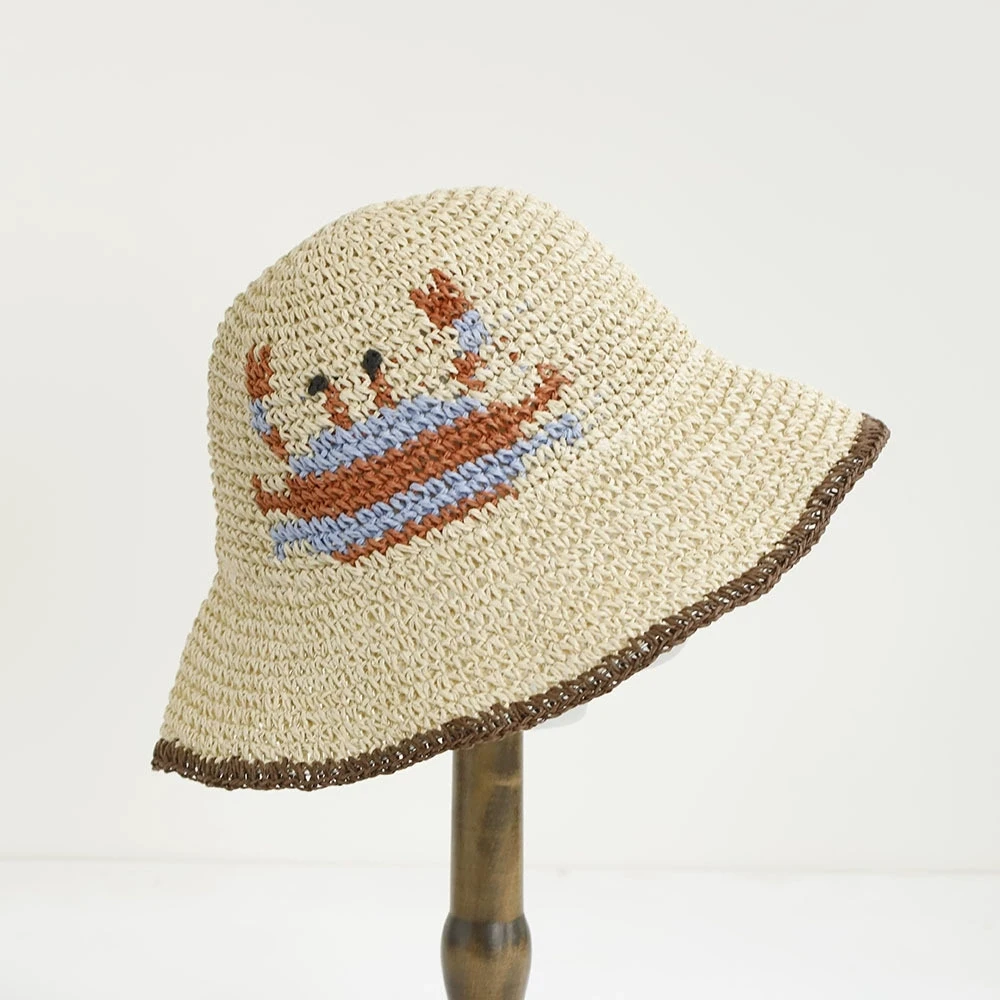 Women's Vacation Leisure Foldable Handmade Straw Hat Breathable Panama Exquisite Crab Embroidery Summer Bucket Sun Hats