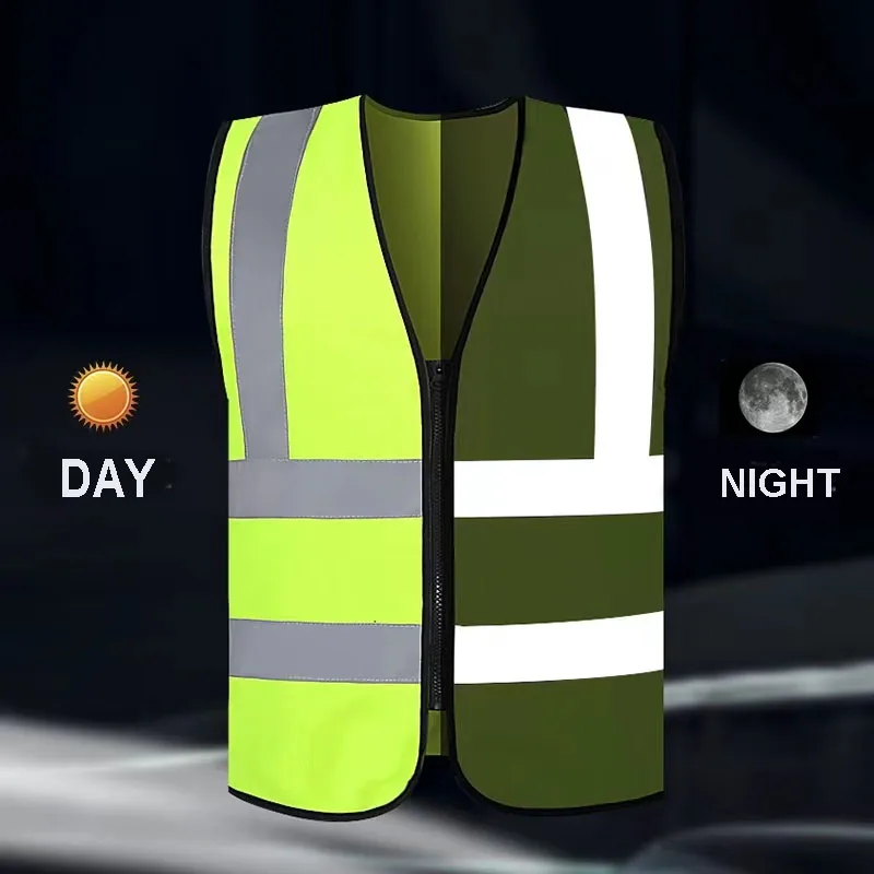 High Visibility Safety Vest with Reflective Strips with Zipper Front, High Visibility and Safety, Breathable Polyester Material