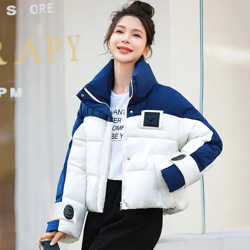 2024 New Splicing Eider Down Cotton-Padded Jacket Girl Learned Korean Version Thick Winter Loose Short Cotton-Padded Warm Coat