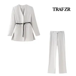 TRAF ZR Pants Set Woman Two Pieces Casual Elegant Women's Autumn Suit Set Long Sleeve Sets with Sashes Office Lady Sets