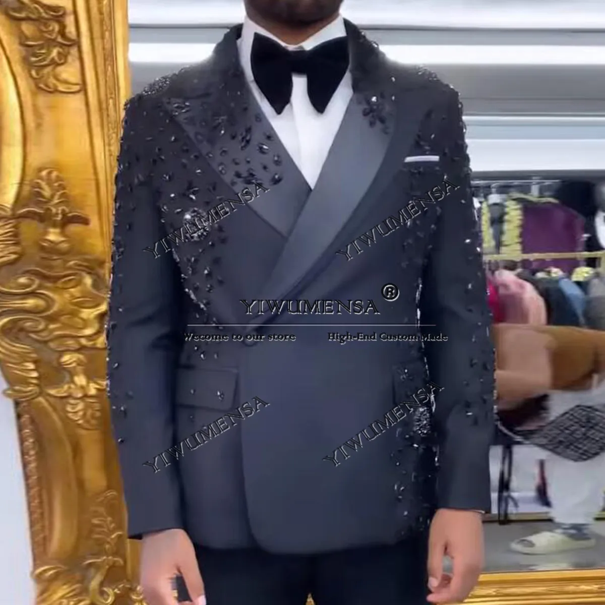 Jewelry Beaded Suits Men For Wedding Italian Design Double Breasted Jacket Pants 2 Pieces Man Banquet Prom Blazer Groom Tuxedo