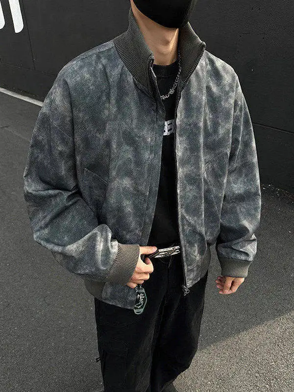 

Vintage American Marble Pattern Men's Jaet ort Baseball Sle Cuffed Stand Collar Polyester Spring Youth Trendy Outerwear