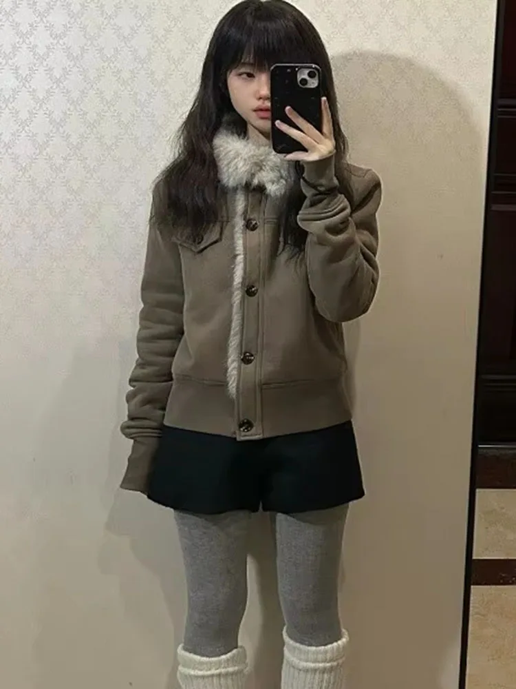 Women Jackets Vintage Stand Collar Furry Patchwork Outwear Vintage 2026 Autumn Winter Coats Y2k Aesthetic Streetwear