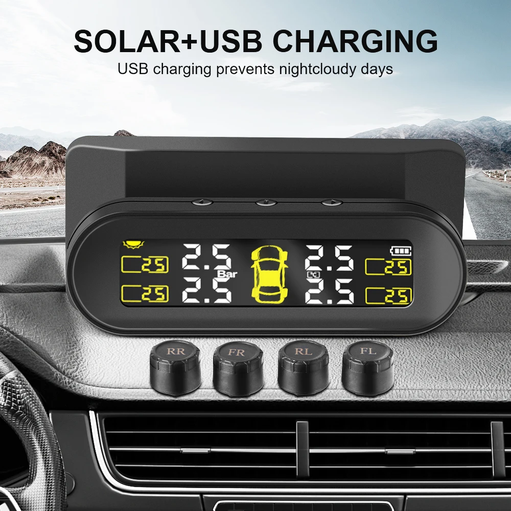 

Tire Pressure Monitoring System 4 External Sensors Rotating Holder USB Solar TPMS Car Tyre Pressure Monitor Tyre Pressure Alarm