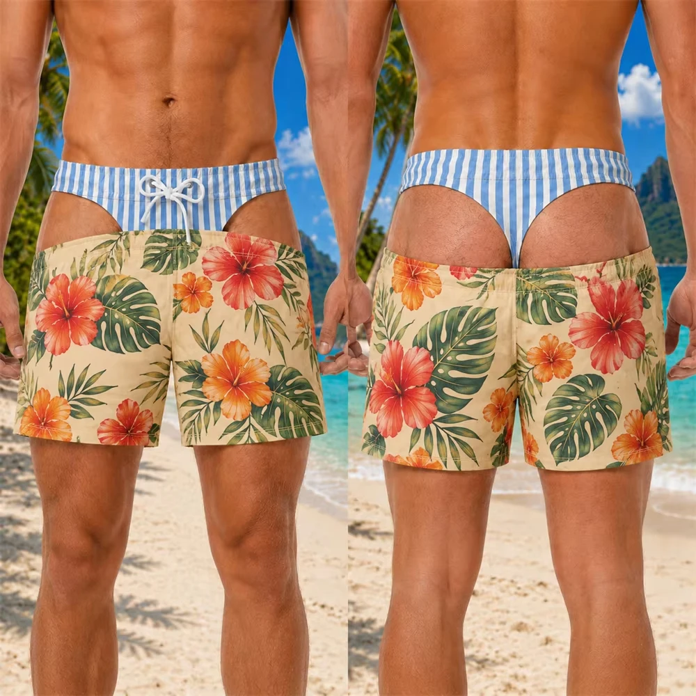 Unisex Vintage Hawaii Floral Print Swim Trunks Drawstring Quick‑Dry Beach Shorts Funny Summer Holiday Party Swim Board Shorts