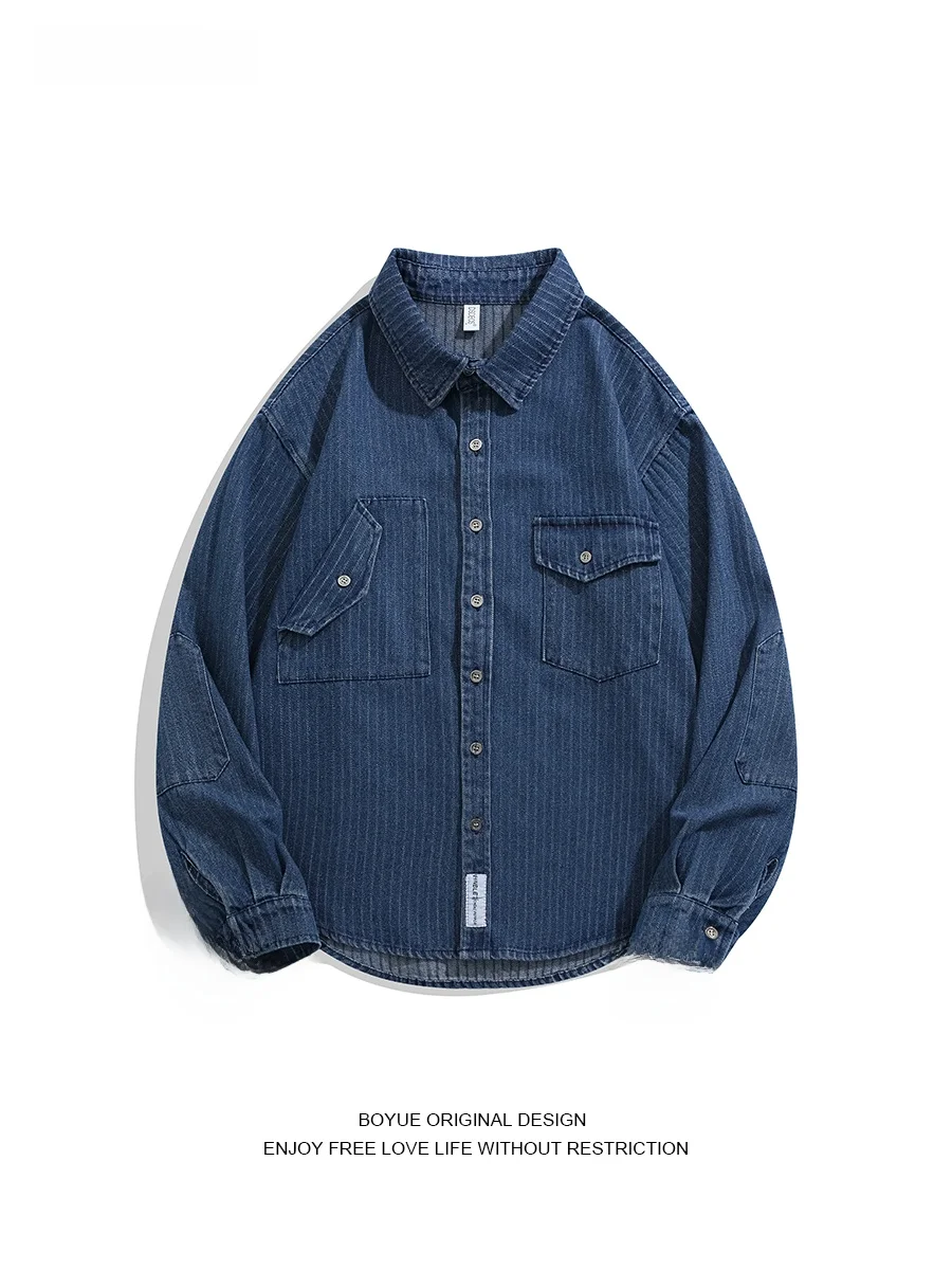 

Boyue American Retro Striped Denim irt Long Sve Loose Fit Faion Workwear Jaet for Men And Women Waed Cotton Blend