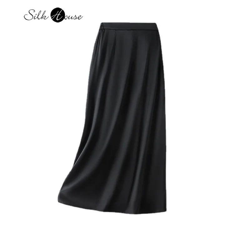 

Women's Fashionable Black Skirt with Natural Mulberry Silk Satin Fabric That Is Glossy Comfortable Elegant and Gentle