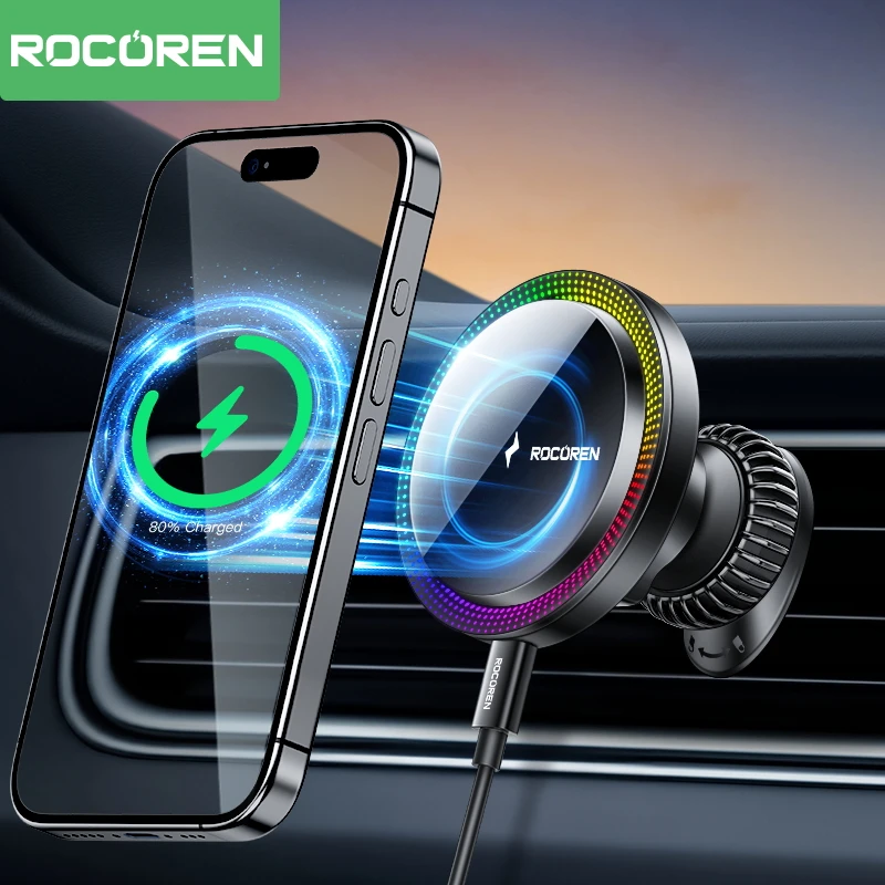 

Rocoren Wireless Charger Magnetic Car Phone Holder Magsafe Charging Universal Magnet Mount For iPhone 15 14 13 12 Pro Max Plus