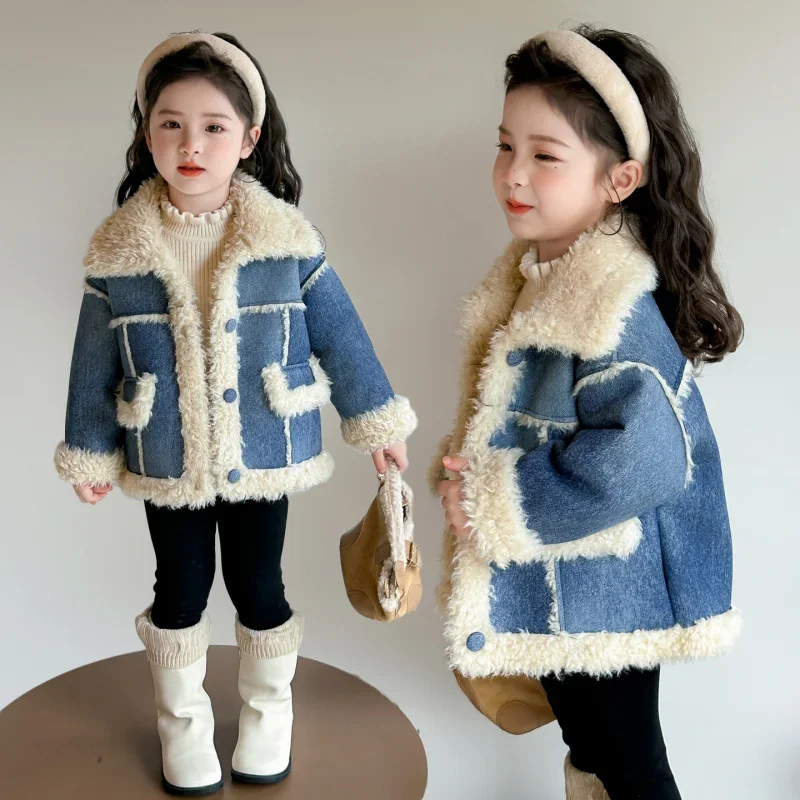 

Girls' Autumn and Winter New Korean Fashion Denim Fleece Collar Thickened Jacket