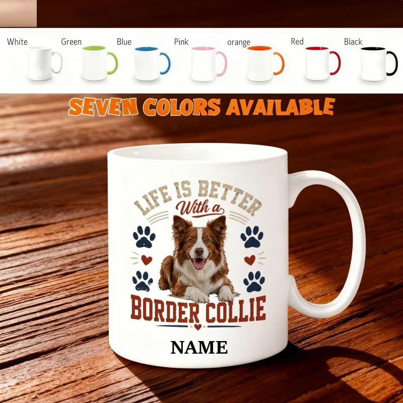 Customizable Name Mug - Border Collie Design with Brown and White Colors, Vintage Blue Paw Print and Red Heart Accents