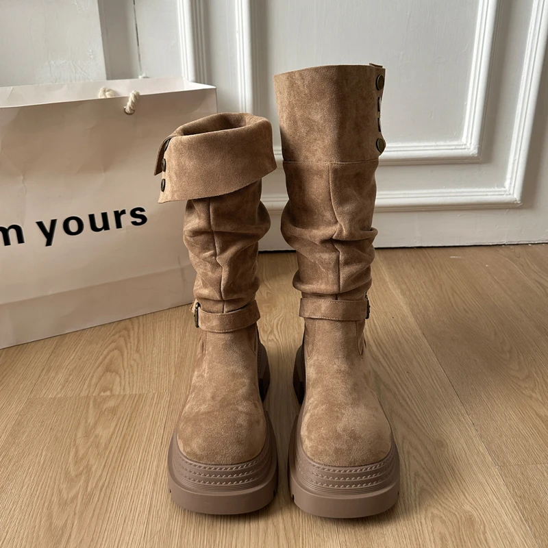 Retro Ruched Leather Long Boots for 2026 Winter, Fashionable and Versatile Style Round Head Platform Thick-soled Women's Boots