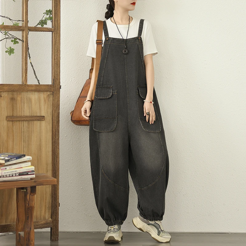 

Свободные повседневные джинсовые комбинезоны, женские большие размеры, весна-лето, широкие брюки с завязками, хлопковый удобный цельный костюм