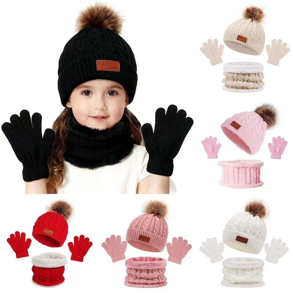Set Topi, Syal, dan Sarung Tangan Musim Dingin yang Hangat, Anti Angin, untuk Balita, Topi Rajut Tebal Lembut dengan Pompom untuk Anak-Anak