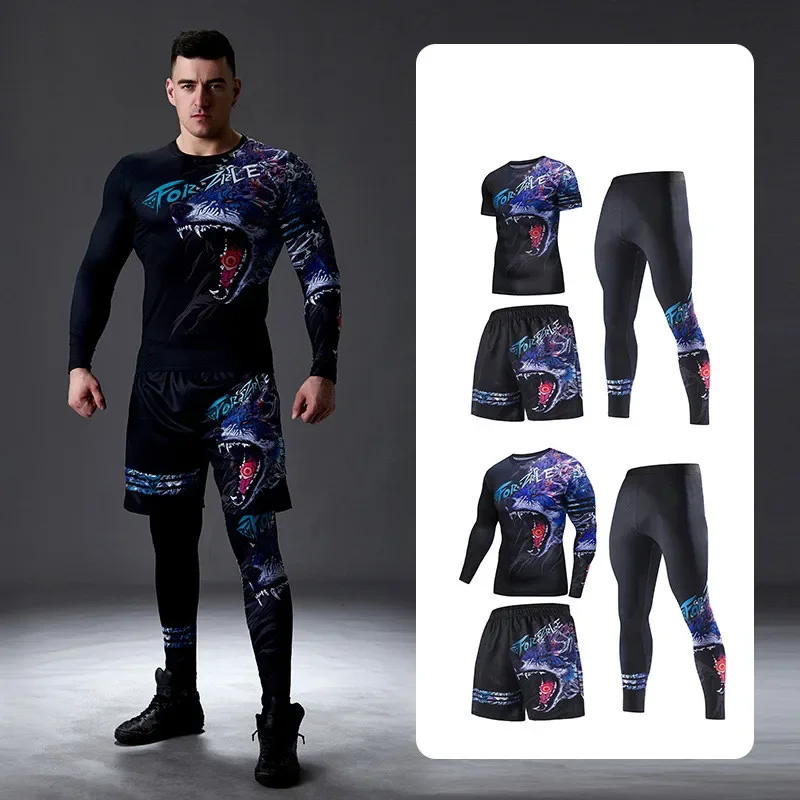 Men Long Sleeve Boxing Jersey Male GYM Fitness Tee Leggings Short Sport Running Set Skiing Basketball Football Clothes Suit A809