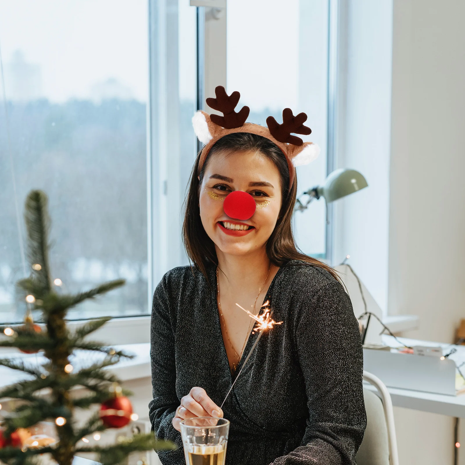 

2 set Reindeer Antlers Headband Red Nose Christmas Party Costume Accessory Festive Holiday Dress Up Gear - Lightweight Deer