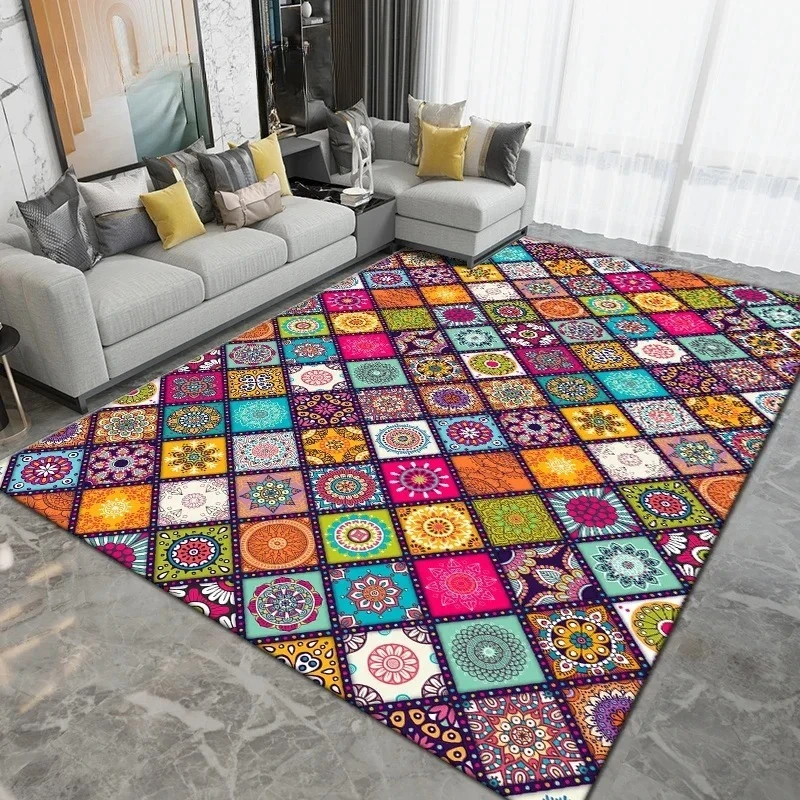 Boho Mandala Patchwork Area Rug Soft Non‑Slip Large Carpet Colorful Ethnic Geometric Mat for Living Room Bedroom Home Decor