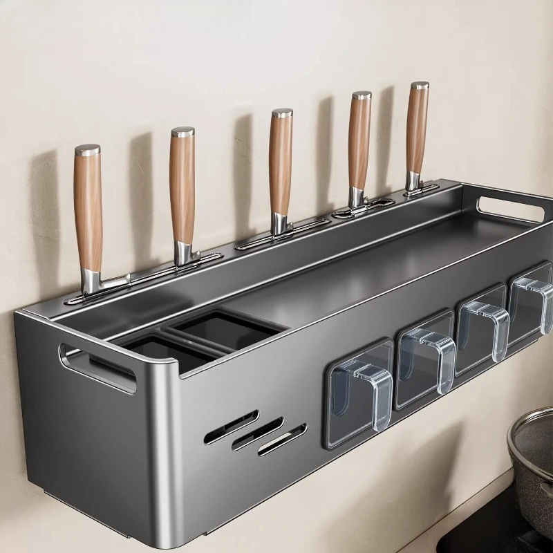 

Kitchen Shelf Multi-functional Wall Seasoning Jar Knife Holder Integrated Storage Spice Rack