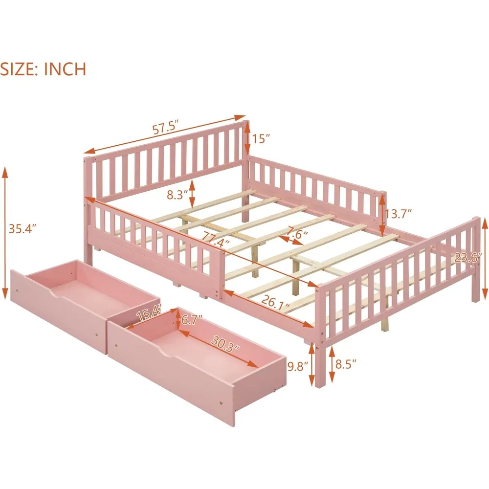 Full Bed Frame with Storage Drawers and Both Sides Guardrails, Headboard and Slat Support, Kids Platform Bed Frame