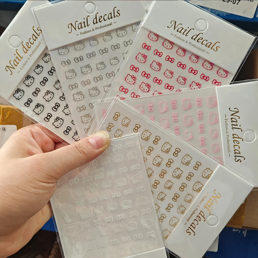 6 Stück 3D Hello Kitty Nail Art Aufkleber Rot/Rosa/Gold/Silber Schleife Kitty Katzenkopf selbstklebende Abziehbilder DIY Slider Maniküre Dekoration