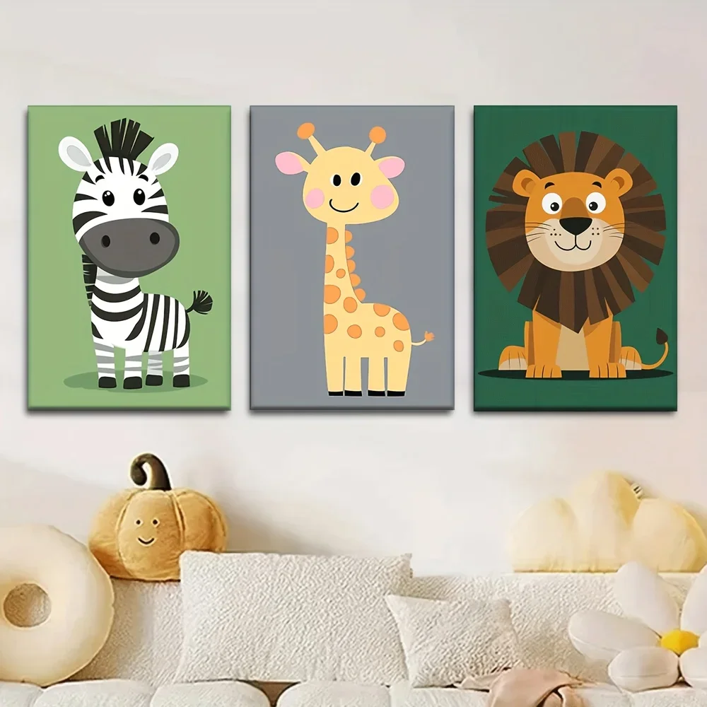 3pcs Set Room Wall Art / Cute Giraffe, Lion & Zebra Decor / Unframed Mint Green Animal Drawings on Canvas / African Theme Bir