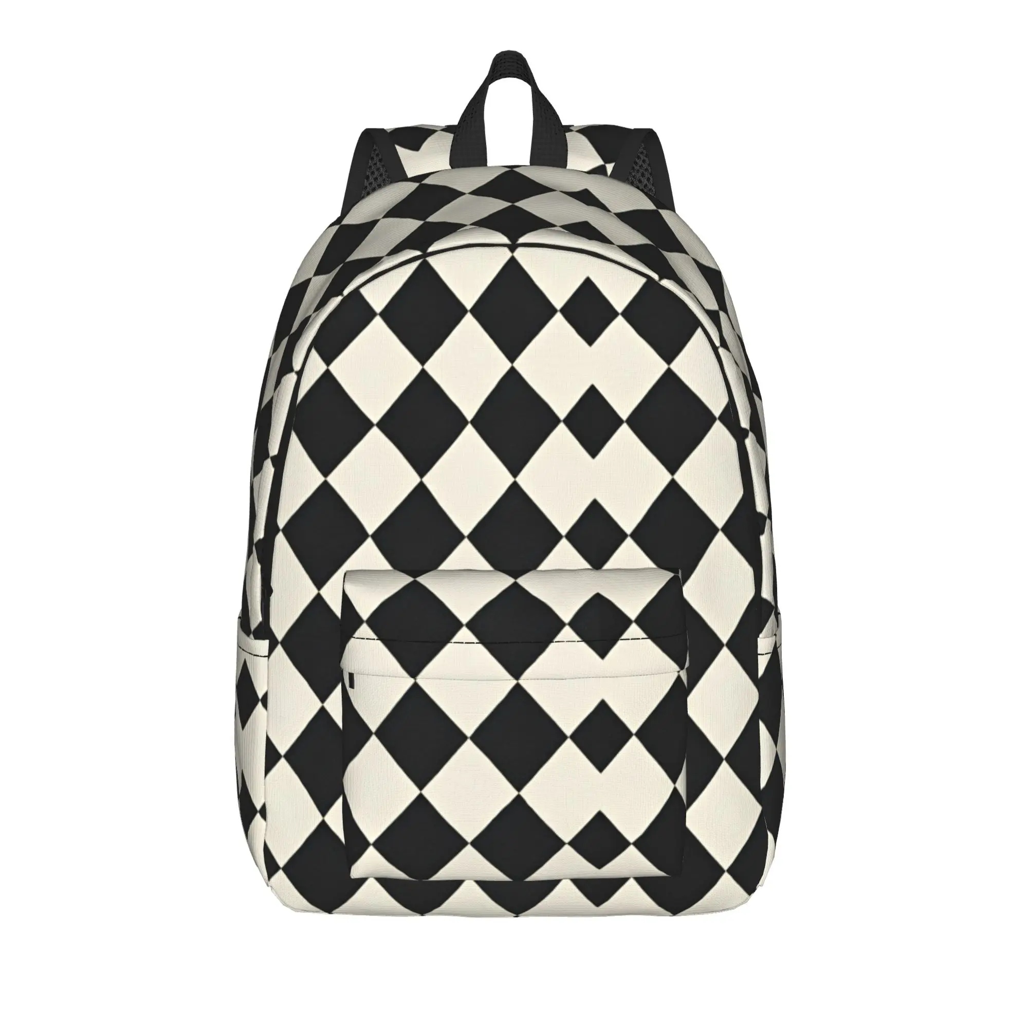 Vintage Black Cream Rhombus Grid Classic Retro Geometric Ornament Backpack Student Soft Backpacks High School Bags Rucksack