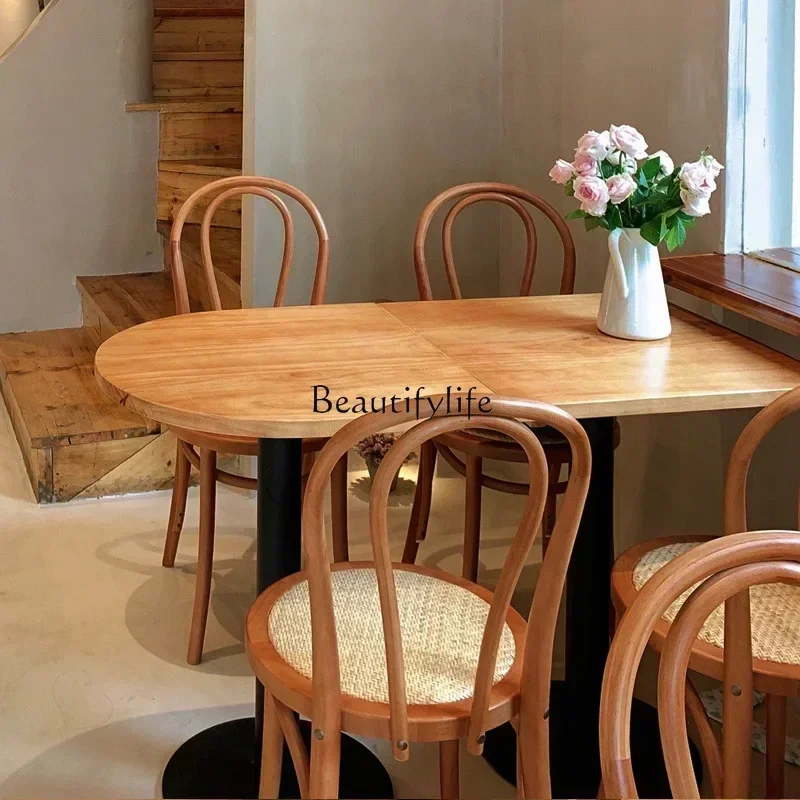 

French retro solid wood dining table restaurant cafe square table milk tea dessert shop casual negotiation