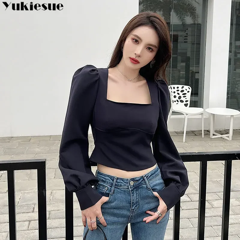 Vintage Spring Clothes Design Popular Streetwear Ins T-shirts Women Square Collar Slim Harajuku Puff Sleeve French Style Ladies