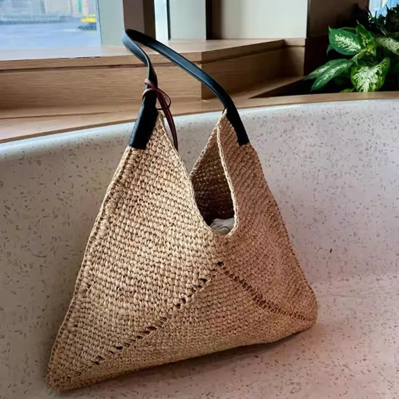 Large Capacity Versatile Weaving Bag Female Leisure Bag Women Casual Travel Handbag PU Leather Simple Straw Bag