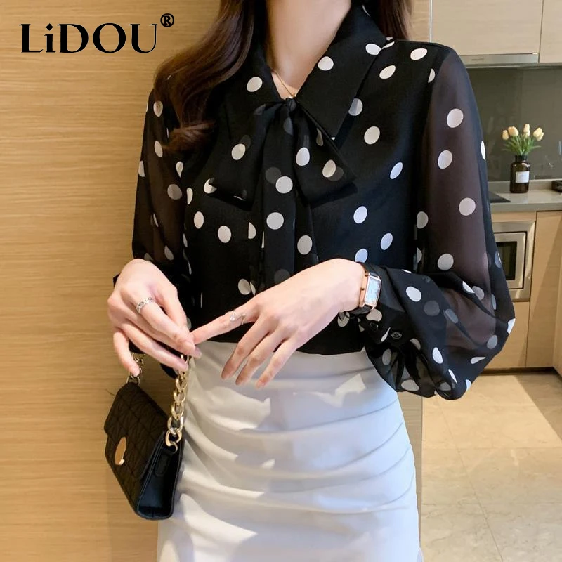 Spring Summer Polka Dot Printing Chiffon Shirt Women Fashion Turn-down Collar Bow Long Sleeve Blouse Female Single Breasted Tops