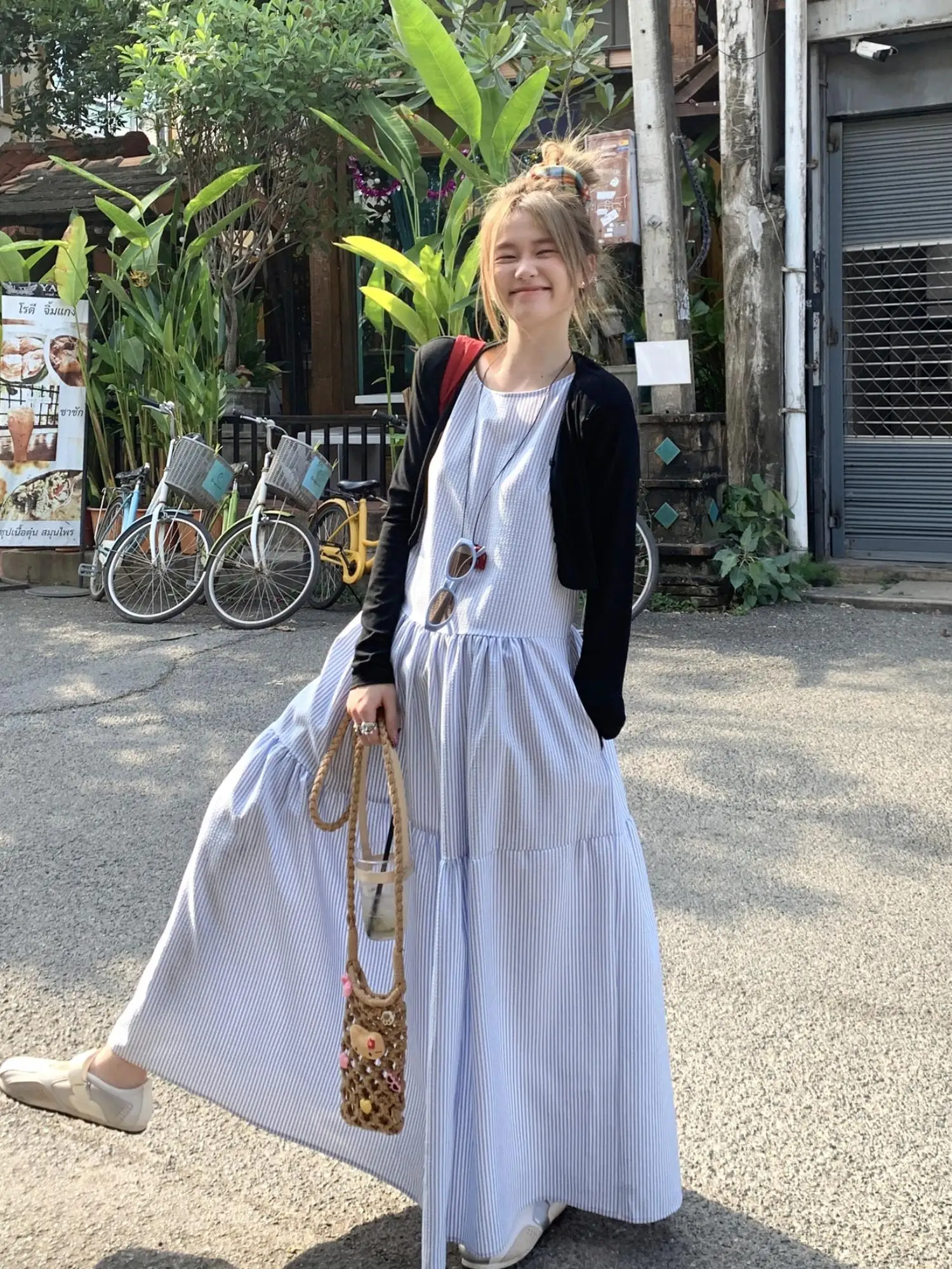 

plus Size Casual Blue Striped Set Spring Summer New Korean Style Long Sleeve Vest Dress Cardigan Outerwear Fashion Ensemble