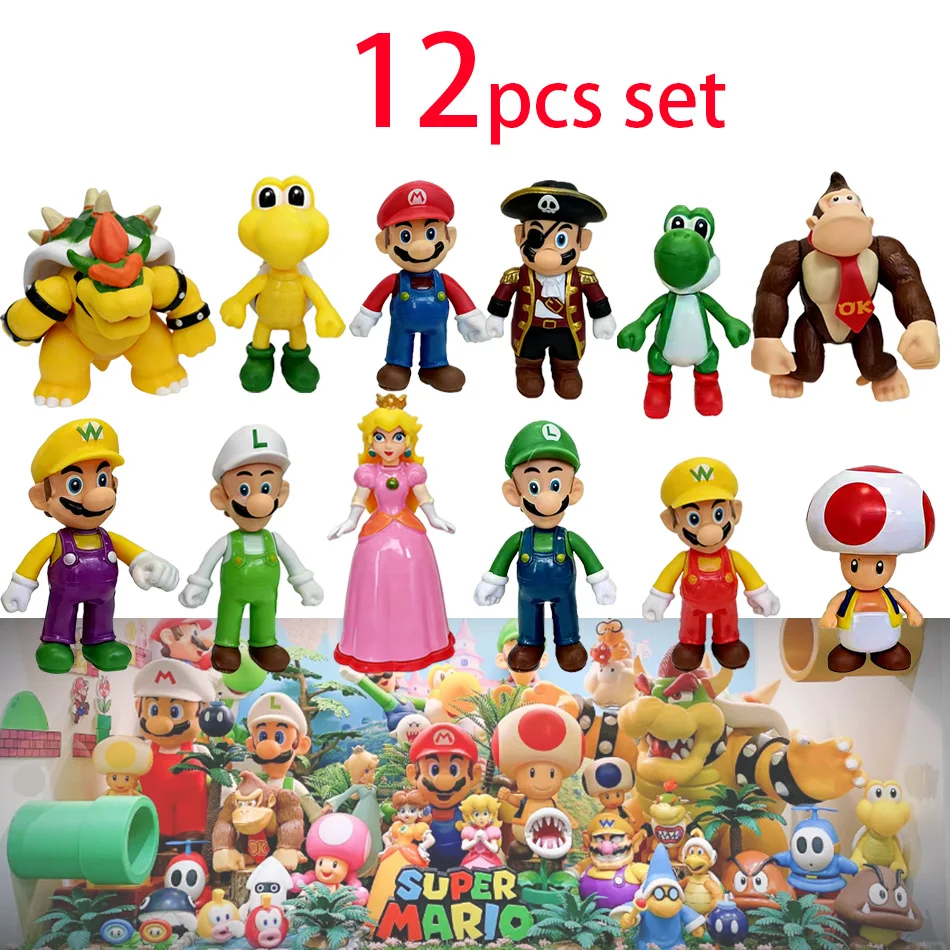 

In Stock 12pcs Super Mario Bros PVC Action Figure Toys Dolls Model Set Luigi Yoshi Donkey Kong Mushroom for kids birthday gifts
