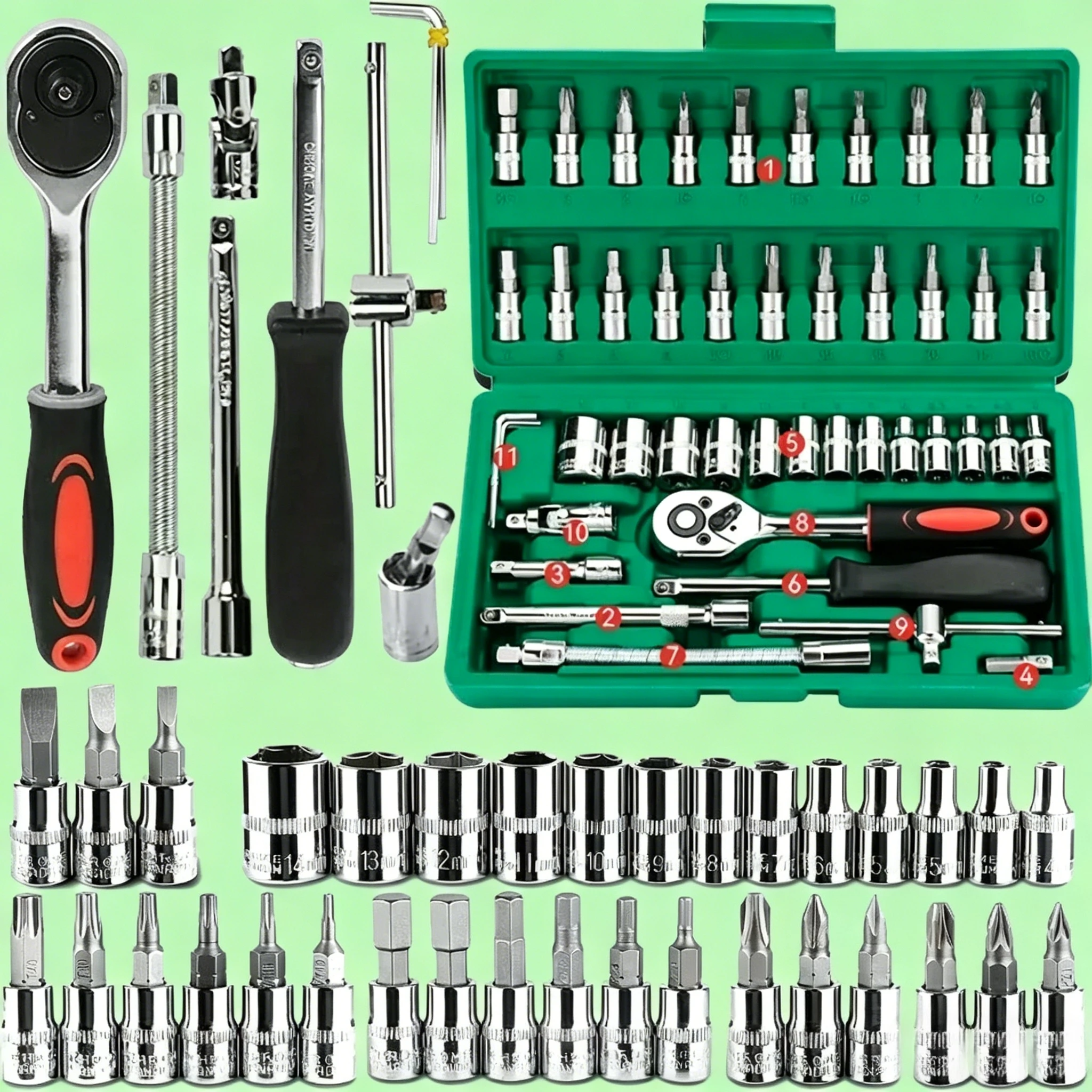 

New 46 Piece Drive Socket Wrench Set Car Repair Tool 1/4 Inch Ratchet Wrench Set Socket Metric Hexagonal Socket Set