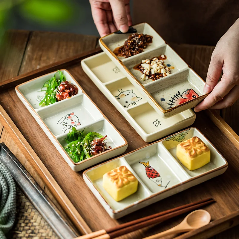 

Japanese-Style Three-Grid Seasoning Dish Cat Fish Ceramic Rectangular Hot Pot Platter Suit Dish Grilled Meat Sauce Dish