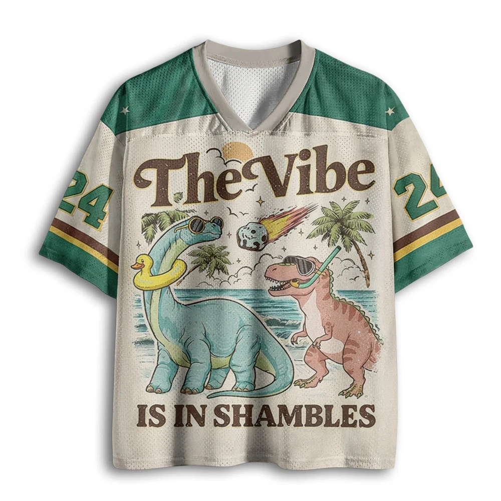 Fun Dinosaur Beach Printed Mesh Jersey Pattern V-neck Short Sleeved T-shirt for Adults and Children Retro Street Top