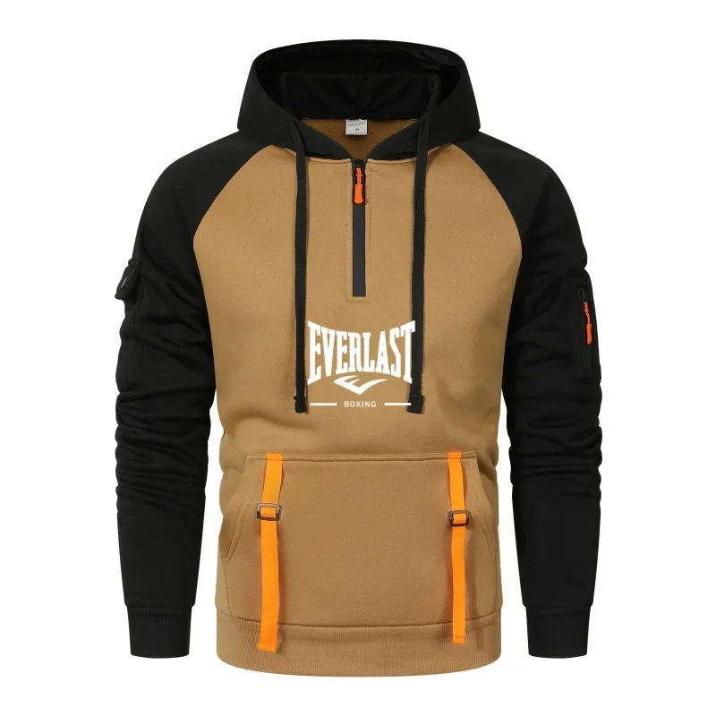

New autumn and winter men's casual hoodie, outdoor fashionable jogging patchwork fabric windproof and warm men's sportswear