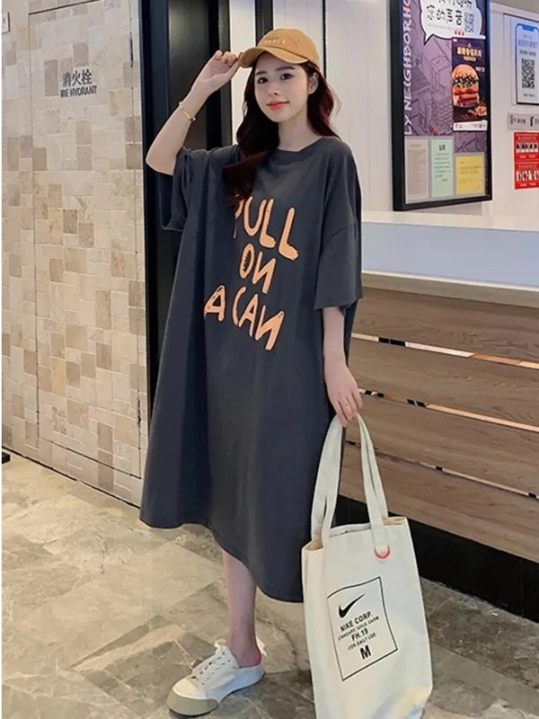 Korean version short sleeved t-shirt dress womens summer mid length knee length casual oversized letter printed long skirt R1FW