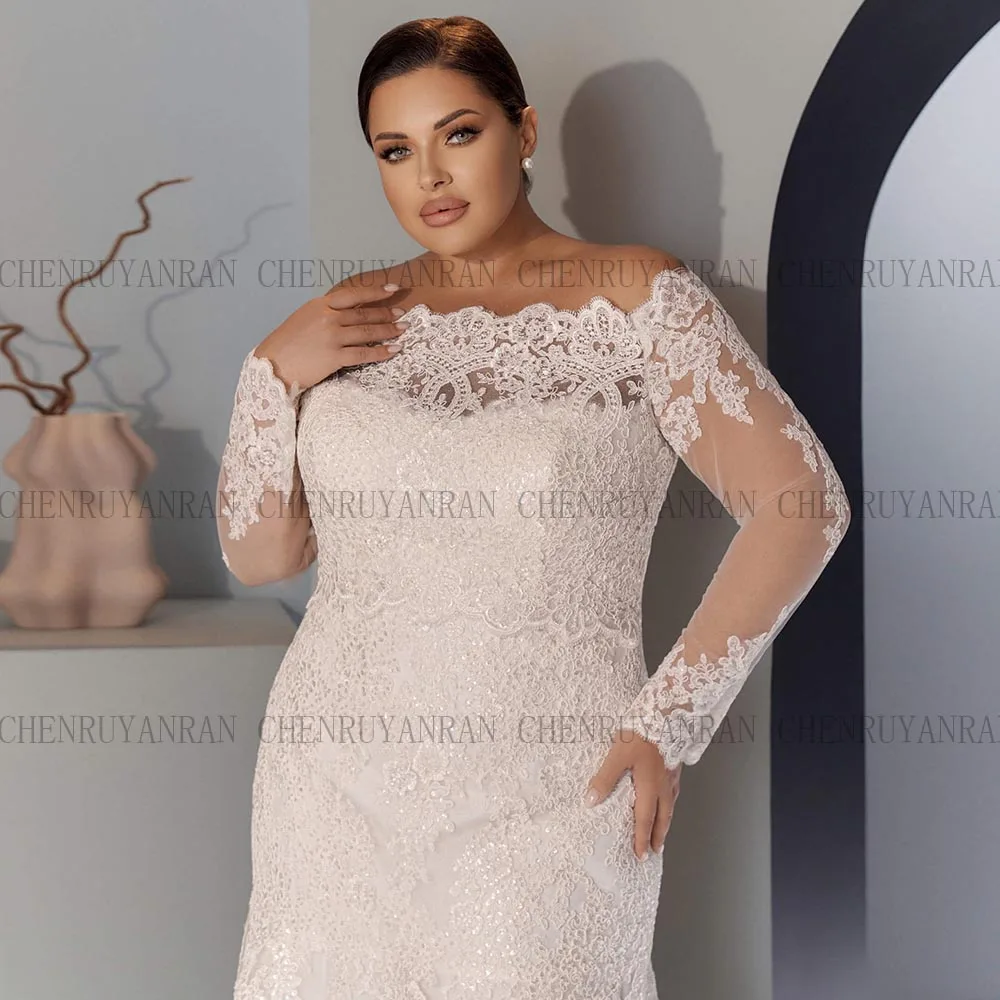 Plus Size Wedding Dresses For Bride Bateall Mermaid Bridal Gowns With Train Long Sleeve Lace Appliques Brides dress Customized