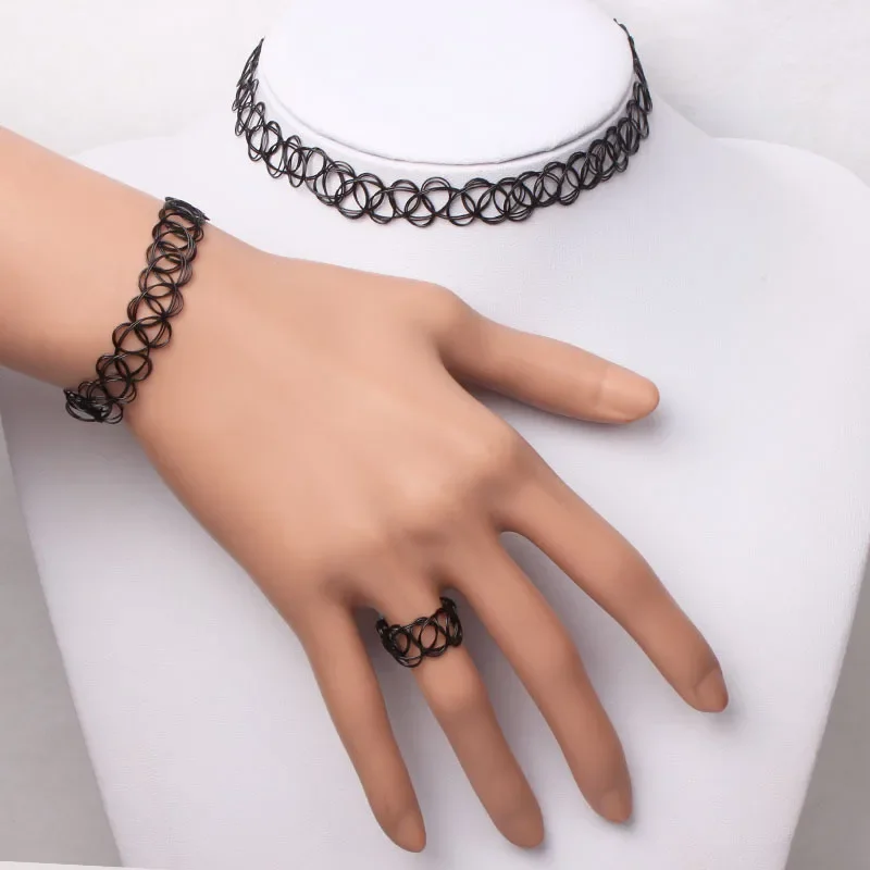 

2PC/Lot Summer Style Girls Elastic Vintage Stretch Tattoo Choker Necklace Women Gothic Punk Stretchy Bracelet Ring Jewelry Set