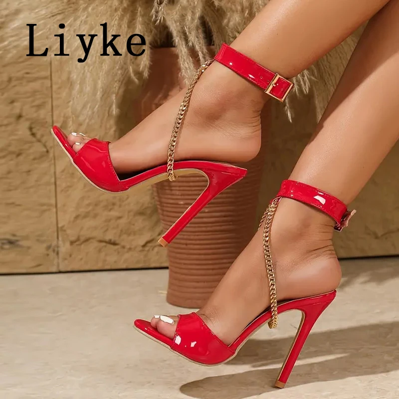 Liyke 2025 موضة الصيف سلسلة معدنية حزام مشبك حزام مصمم الصنادل النساء أحذية الحفلات الراقصة مثير المفتوحة تو متجرد الكعوب الأحمر #1