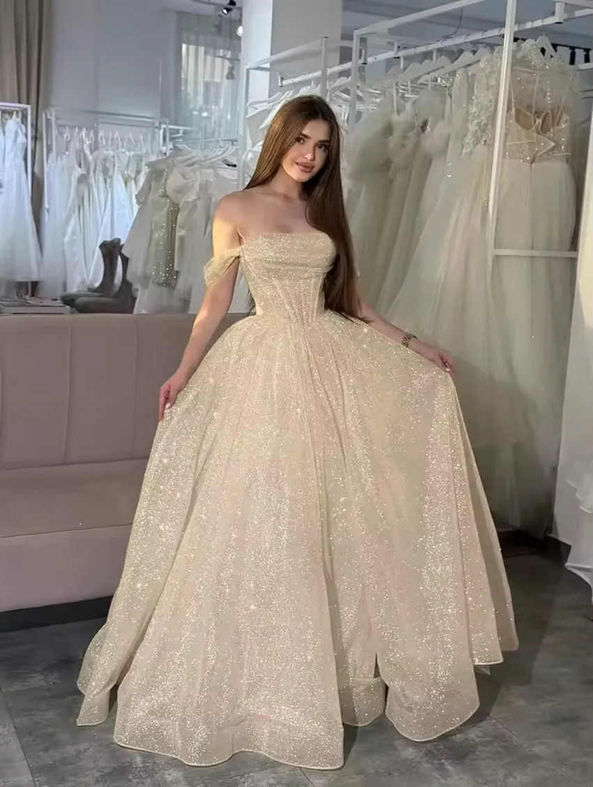 Customized Moden Prom Dress 2026 Glitter Tulle Off the Shoulder Wedding Party Dress Boat-neck A-line Floor-Length Evening Gowns view 4