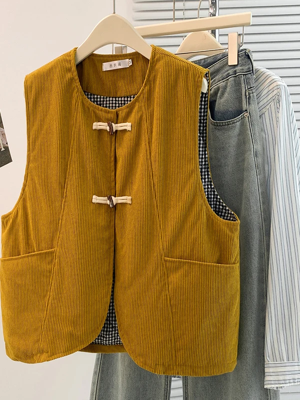 

Retro Corduroy Women's Vest Outerwear Warmth Svel Loose Fit Autumn Winter Faion Thiened round Ne Single Button
