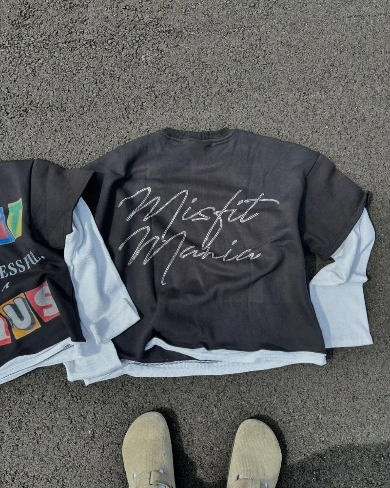 

High Street Long Sleeve Cut Jumper Letter Print Long Sleeve Men's Y2k Pure Cotton Casual Street Clothing Sweatshirt