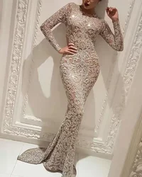 2024 Women Long Sleeve Gown Mermaid Tail Sequin Evening Dress Sexy Maxi Floor Length Sheath Sparkling Elegant Lady Evening Dress