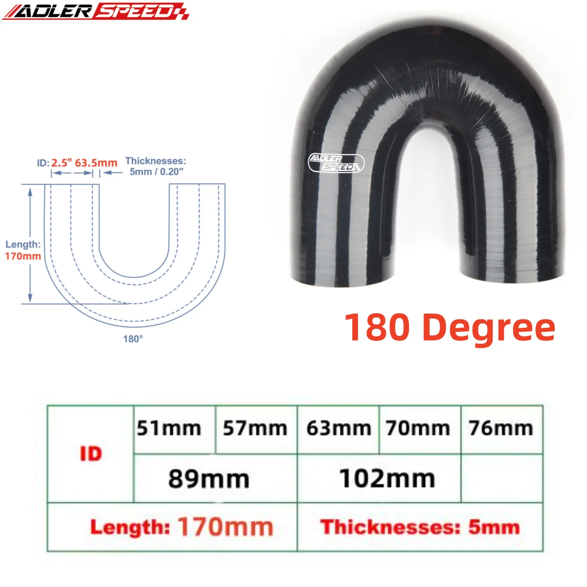 a+70mm 57mm 63mm 76mmID 180Degree Silicone Reducer Hose Silicone Hose Coupler Intercooler Tube for Car Intercooler Intake Piping