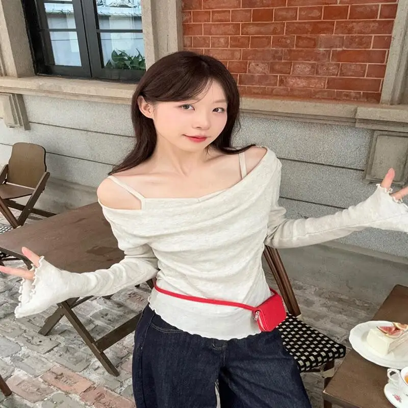 

Женские топы с открытыми плечами и многослойными длинными рукавами из мягкой эластичной ткани для женщин и девушек, осенняя повседневная одежда, облегающий крой, модный, милый, кавайный